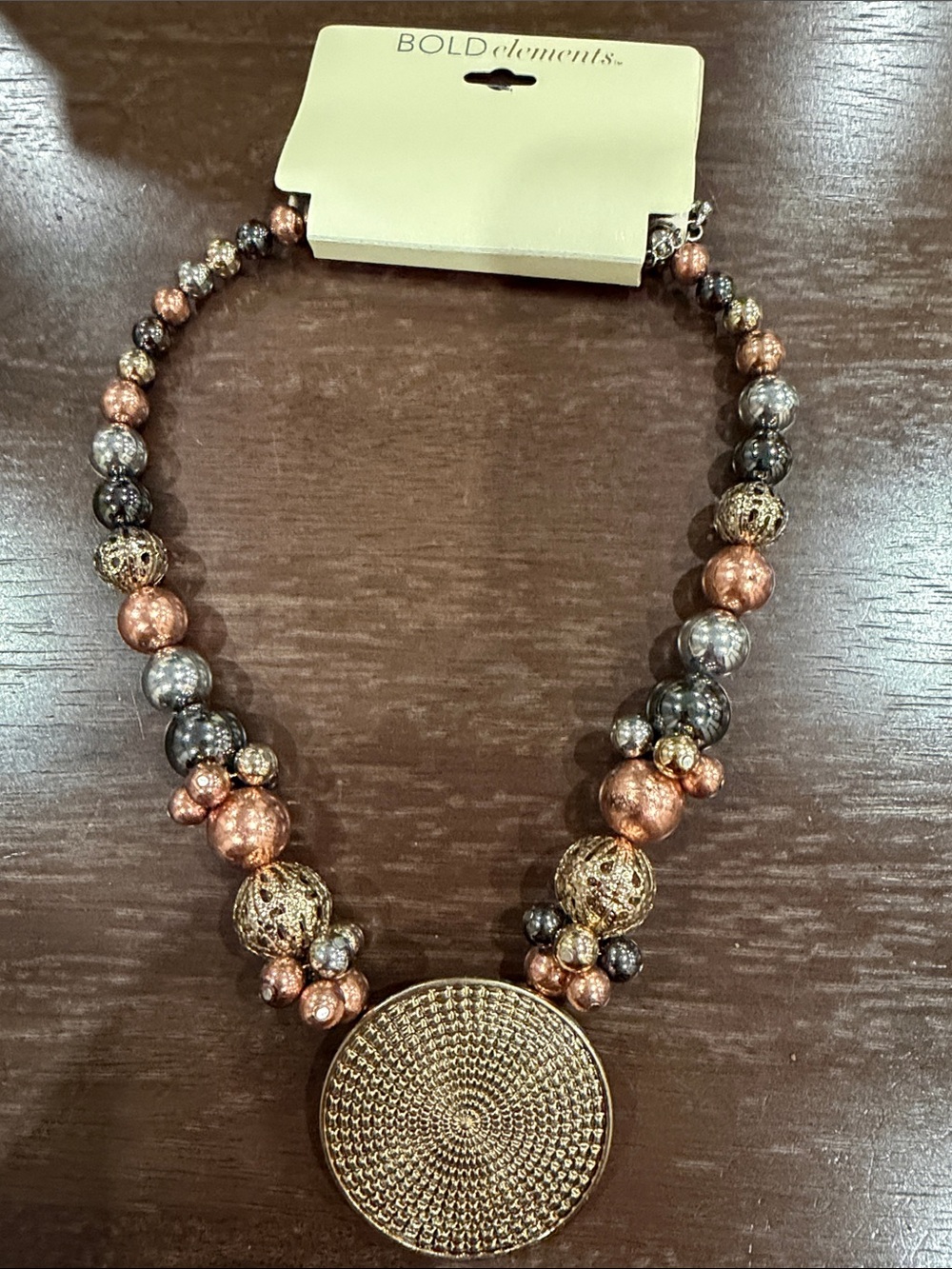 BOLD elements Copper, Gold & Gunmetal Beaded Necklace with Gold Medallion